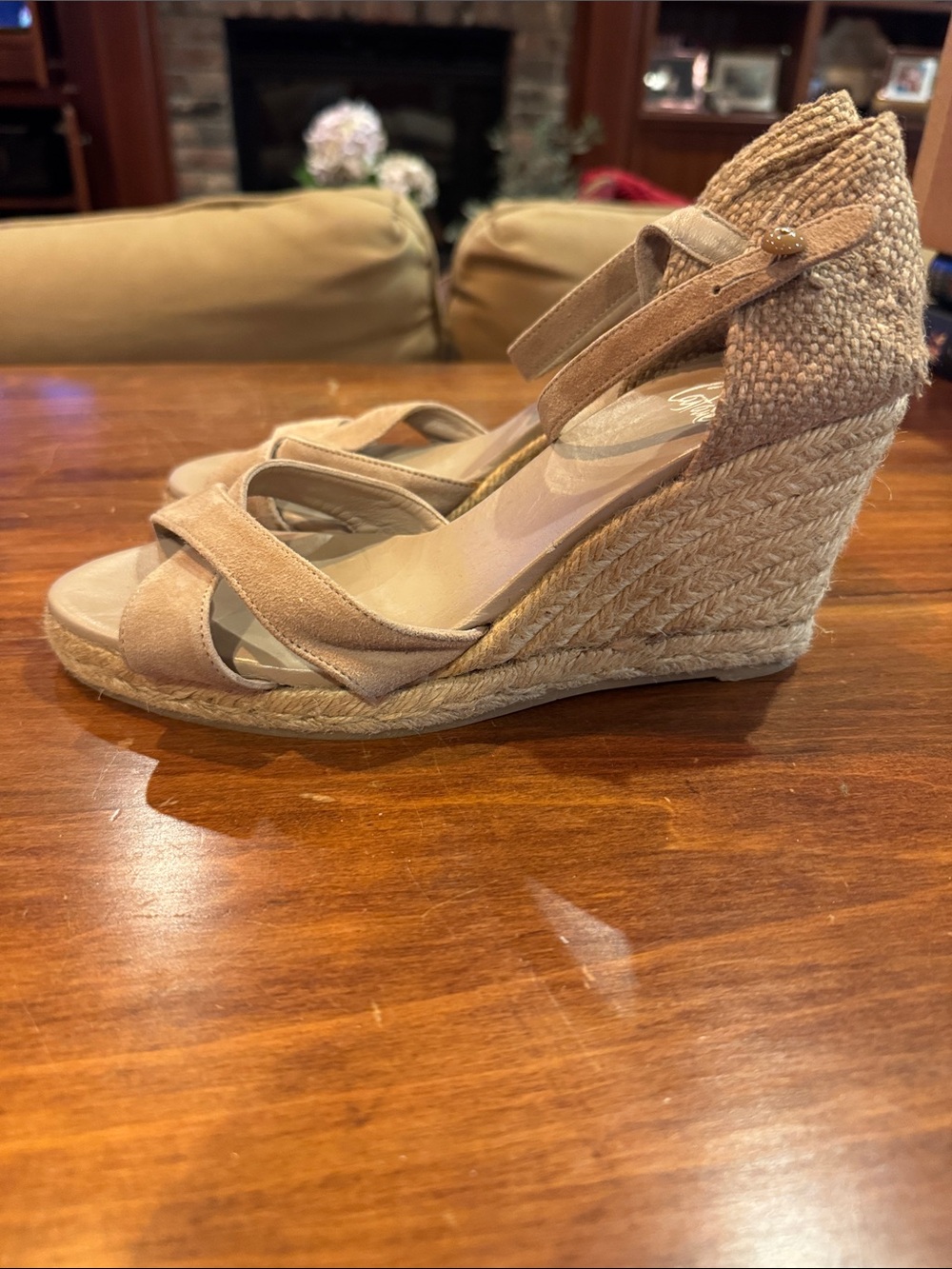 Castaner Bruna Espadrille Wedge Shoe 38 Taupe Sand Leather Open Casual Button - Picture 5 of 16